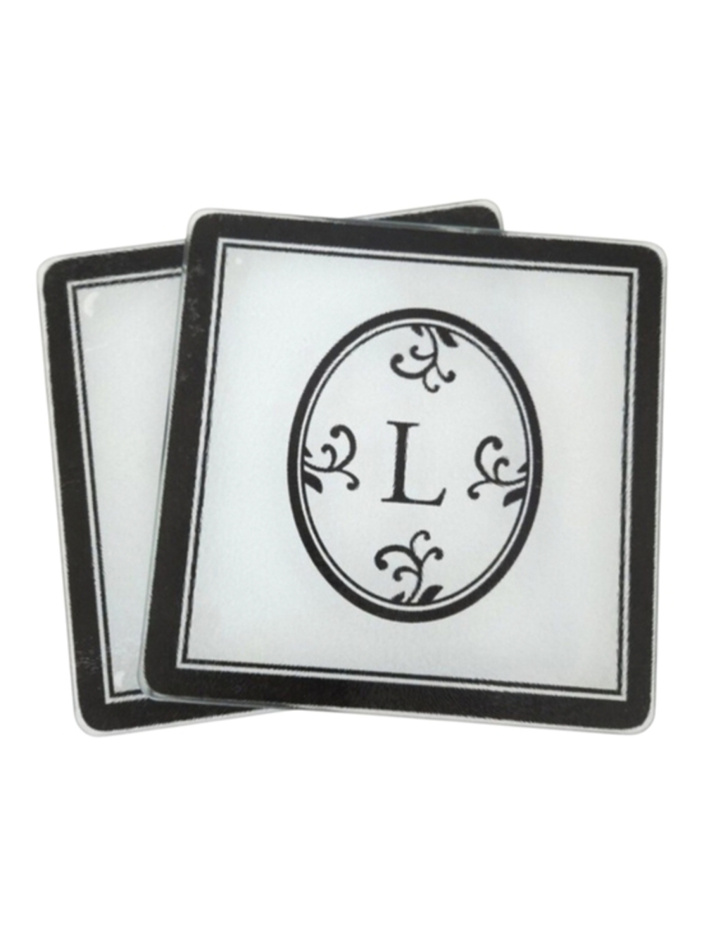 Glass Black & White Trivets (SET OF 2)-‎ Monogram Initial Letter "L"- 8" x 8"